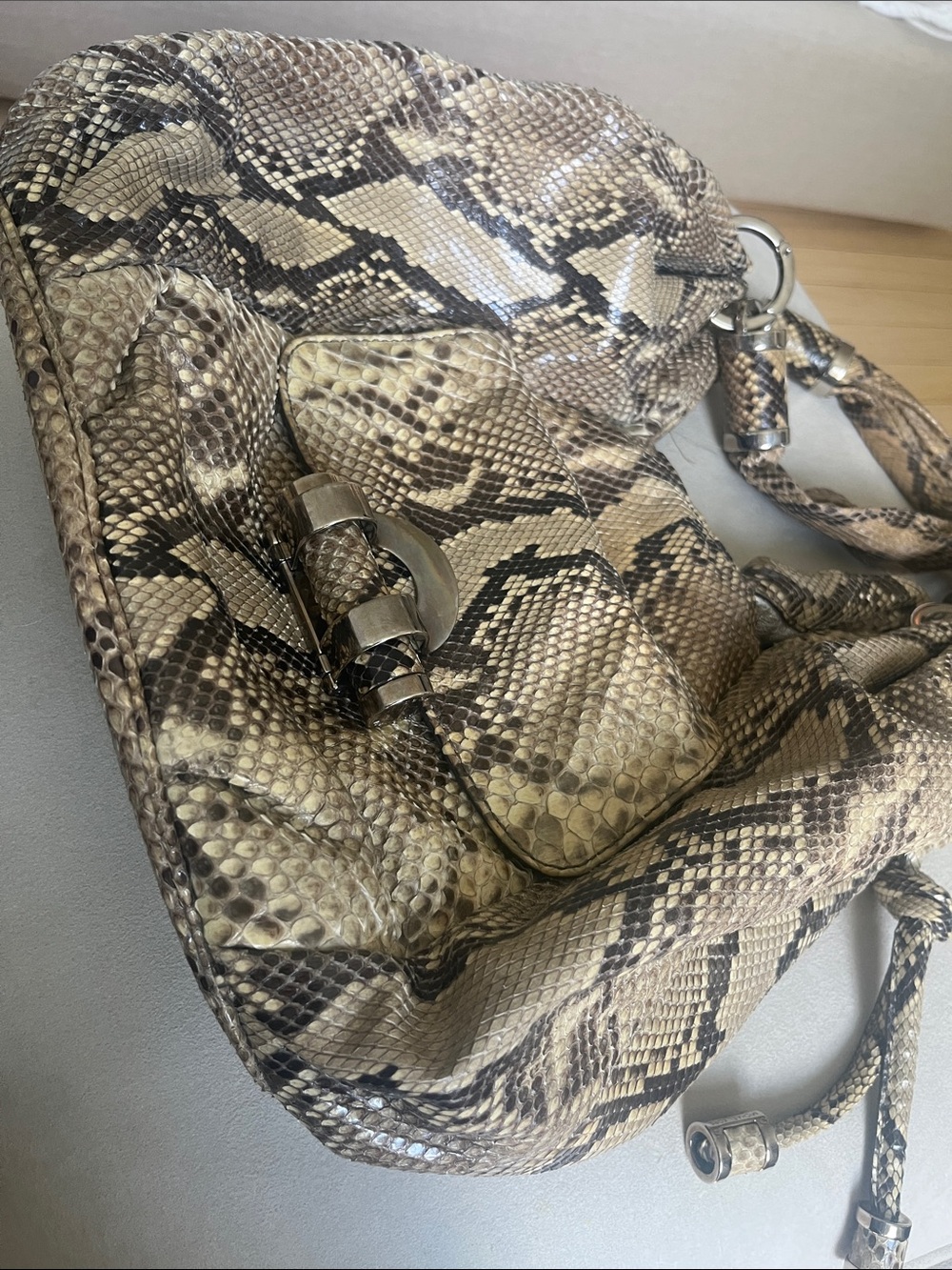 Michael Kors Collection Beige and Brown Python- Leather Shoulder Bag